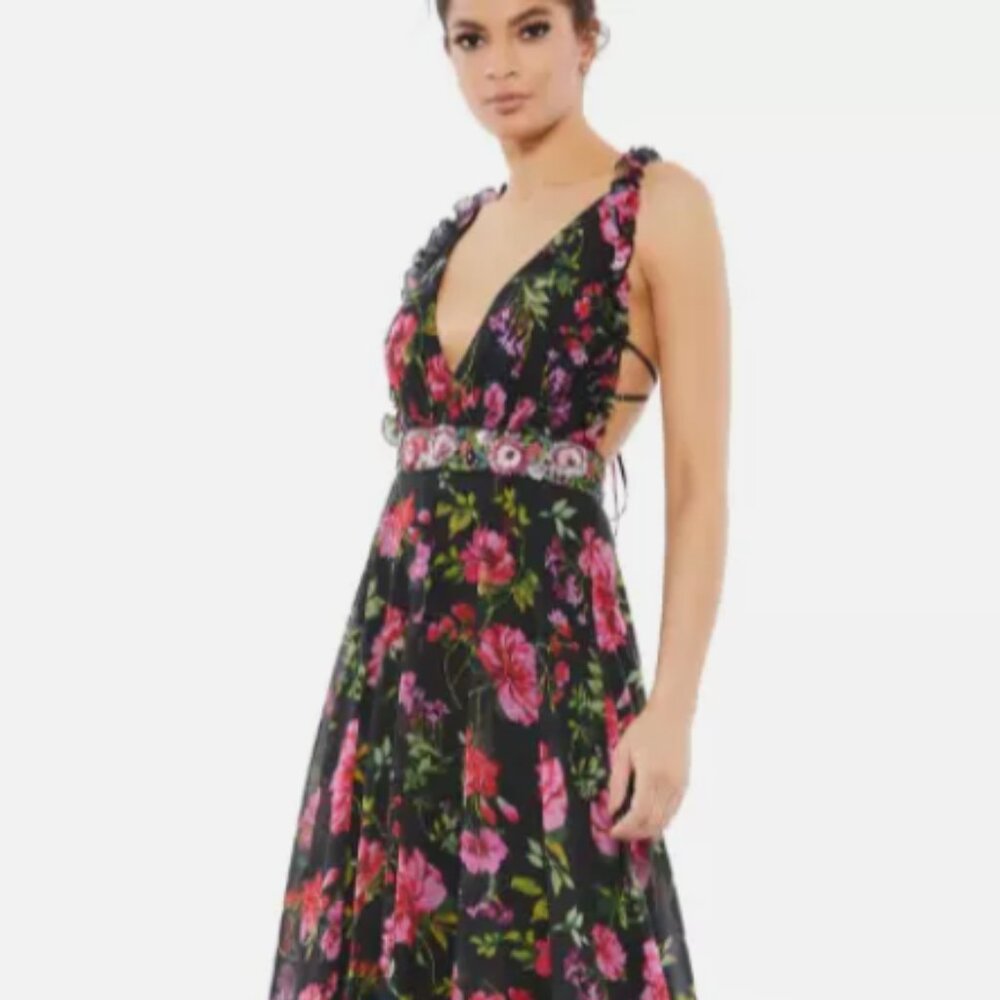 NWT - Size 14, Mac Duggal Embellished Belt Ruffled Halter Strap Gown